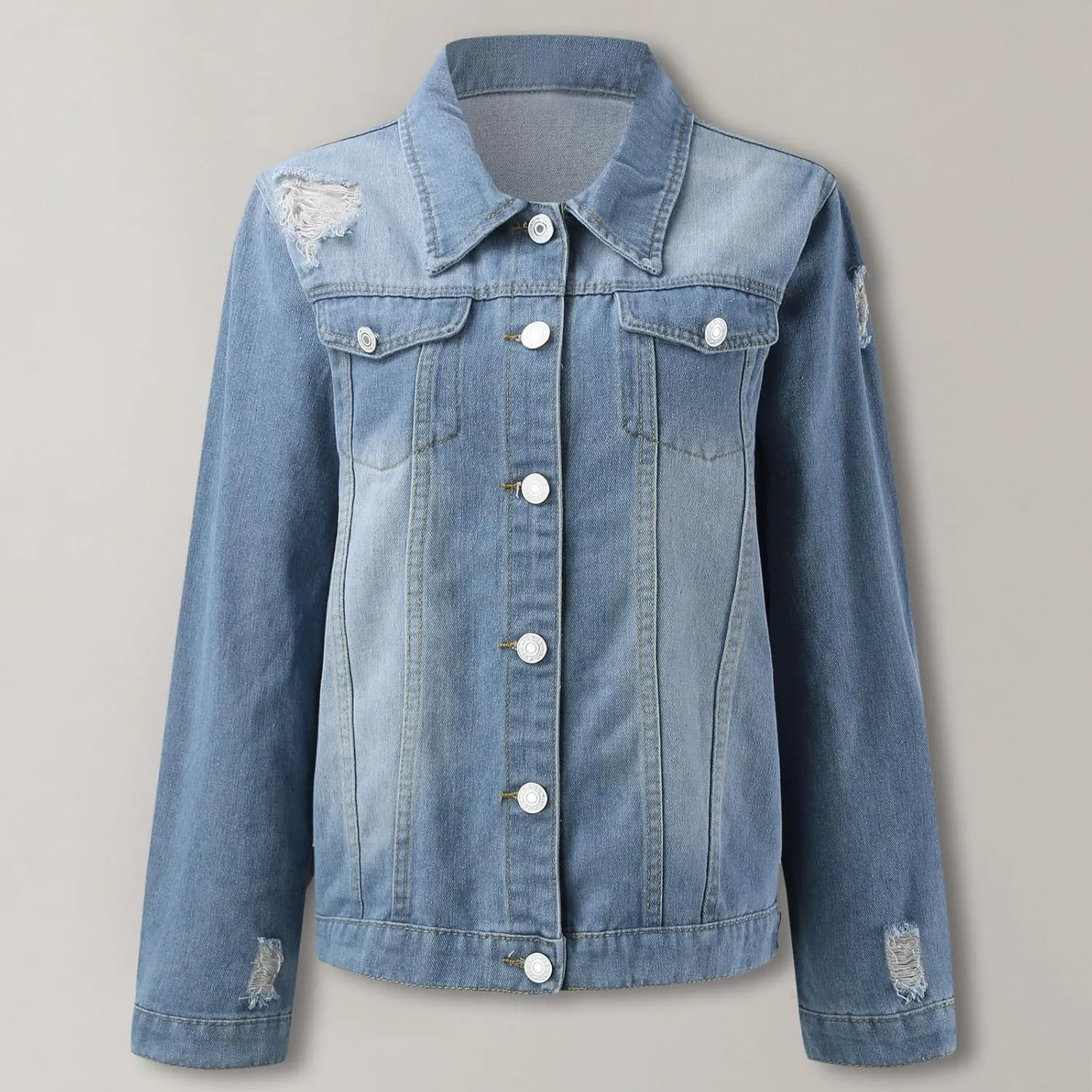 2023 Womens Denim Jackets Trendy Button Up Shacket Fall Spring Long Sleeve Jean Coats with Pockets Fashion Denim Coat