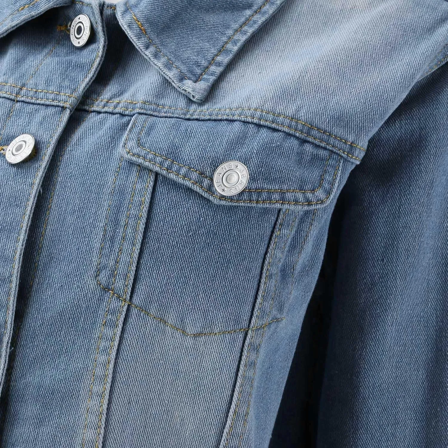 2023 Womens Denim Jackets Trendy Button Up Shacket Fall Spring Long Sleeve Jean Coats with Pockets Fashion Denim Coat