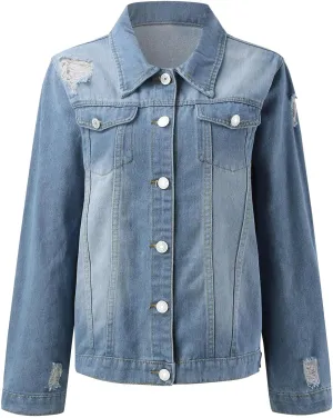 2023 Womens Denim Jackets Trendy Button Up Shacket Fall Spring Long Sleeve Jean Coats with Pockets Fashion Denim Coat