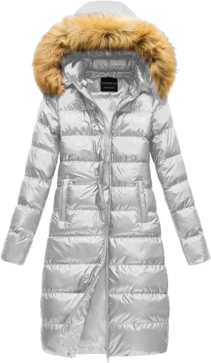 2024 Winter Hooded Coat for Women Metallic Shiny Puffer Coat Warm Puffer Jacket Parka Belt Fur Trim Removable Hood