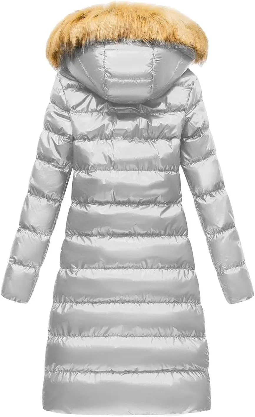 2024 Winter Hooded Coat for Women Metallic Shiny Puffer Coat Warm Puffer Jacket Parka Belt Fur Trim Removable Hood