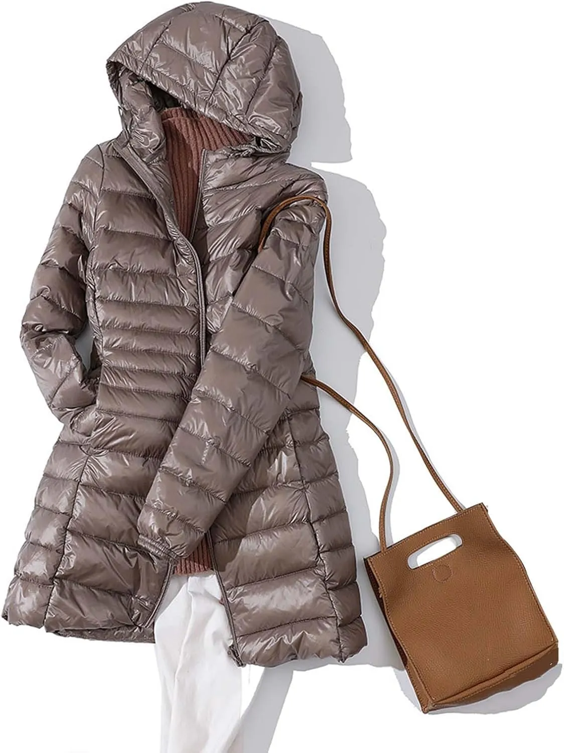 2024 Women's Packable Long Hooded Puffer Jackets Full-Zip Down Coats Insulated Quilted Warm Lightweight Winter Outwear