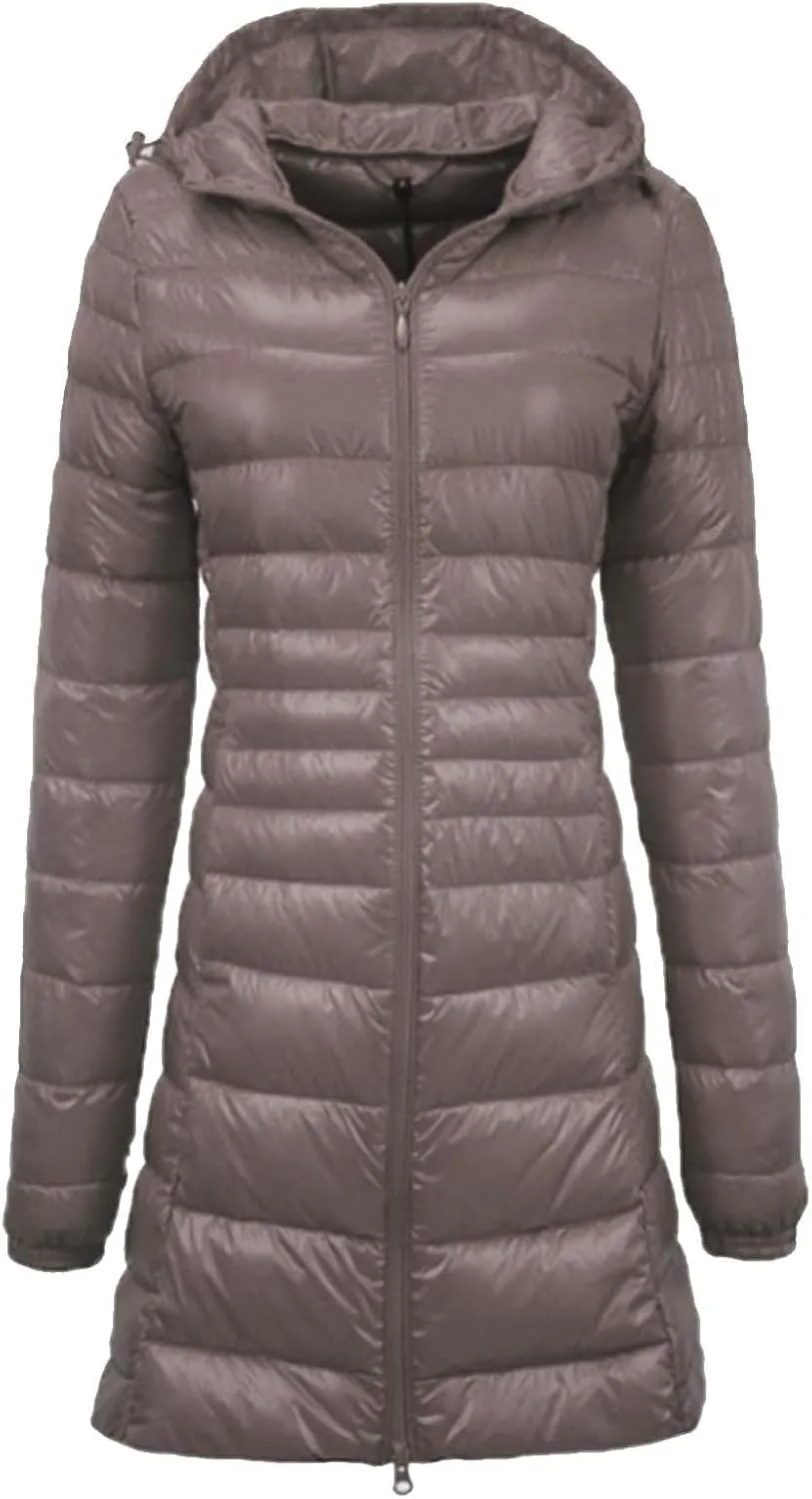 2024 Women's Packable Long Hooded Puffer Jackets Full-Zip Down Coats Insulated Quilted Warm Lightweight Winter Outwear
