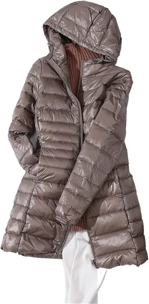 2024 Women's Packable Long Hooded Puffer Jackets Full-Zip Down Coats Insulated Quilted Warm Lightweight Winter Outwear