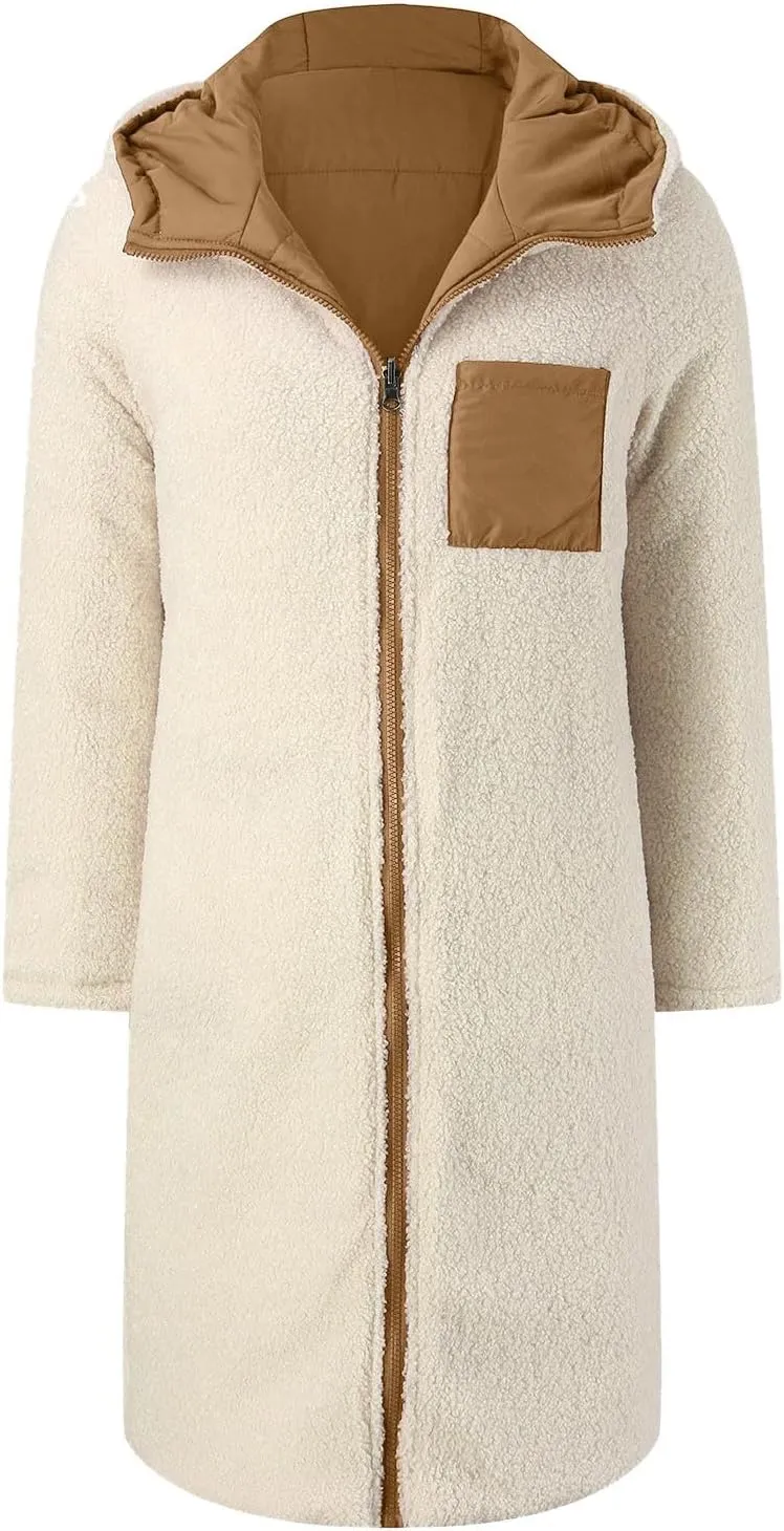 2024 Womens Reversible Puffer Jackets Warm Winter Fleece Teddy Jacket Zip Up Hoodie Pockets Long Down Coat Outerwear