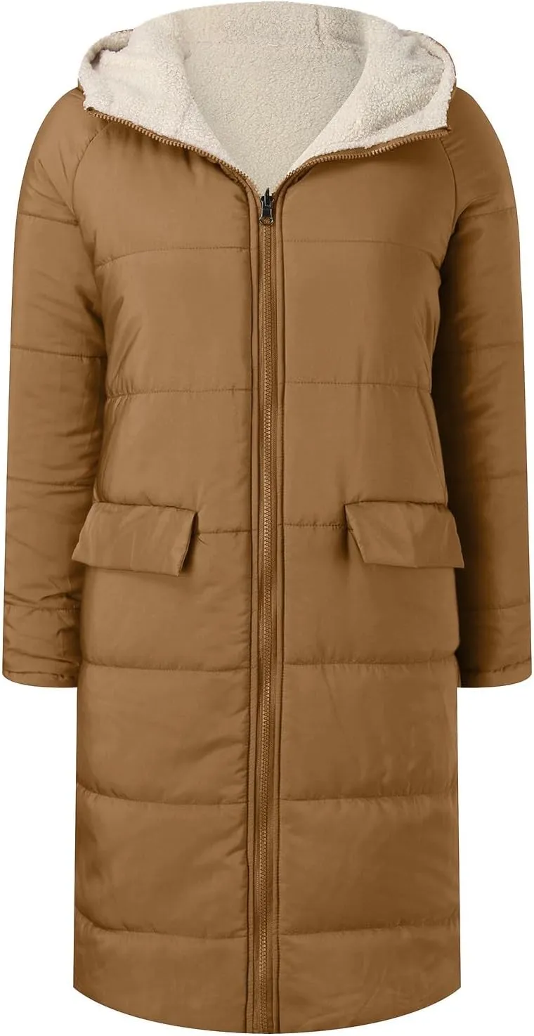 2024 Womens Reversible Puffer Jackets Warm Winter Fleece Teddy Jacket Zip Up Hoodie Pockets Long Down Coat Outerwear