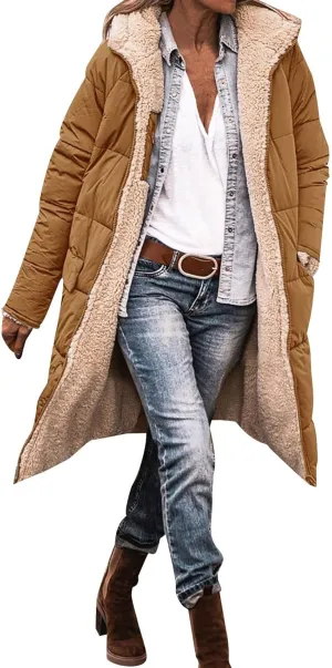 2024 Womens Reversible Puffer Jackets Warm Winter Fleece Teddy Jacket Zip Up Hoodie Pockets Long Down Coat Outerwear