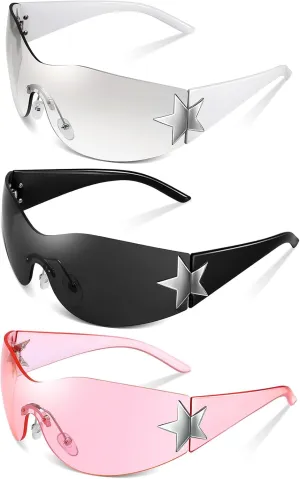 3 Pairs Y2K Sunglasses for Women Men, Trendy Shield Wrap Around Sun Glasses, Rimless Star Sunglasses, Oversized Fashion Frameless Sun Glasses Cycling Driving Shopping Outdoor