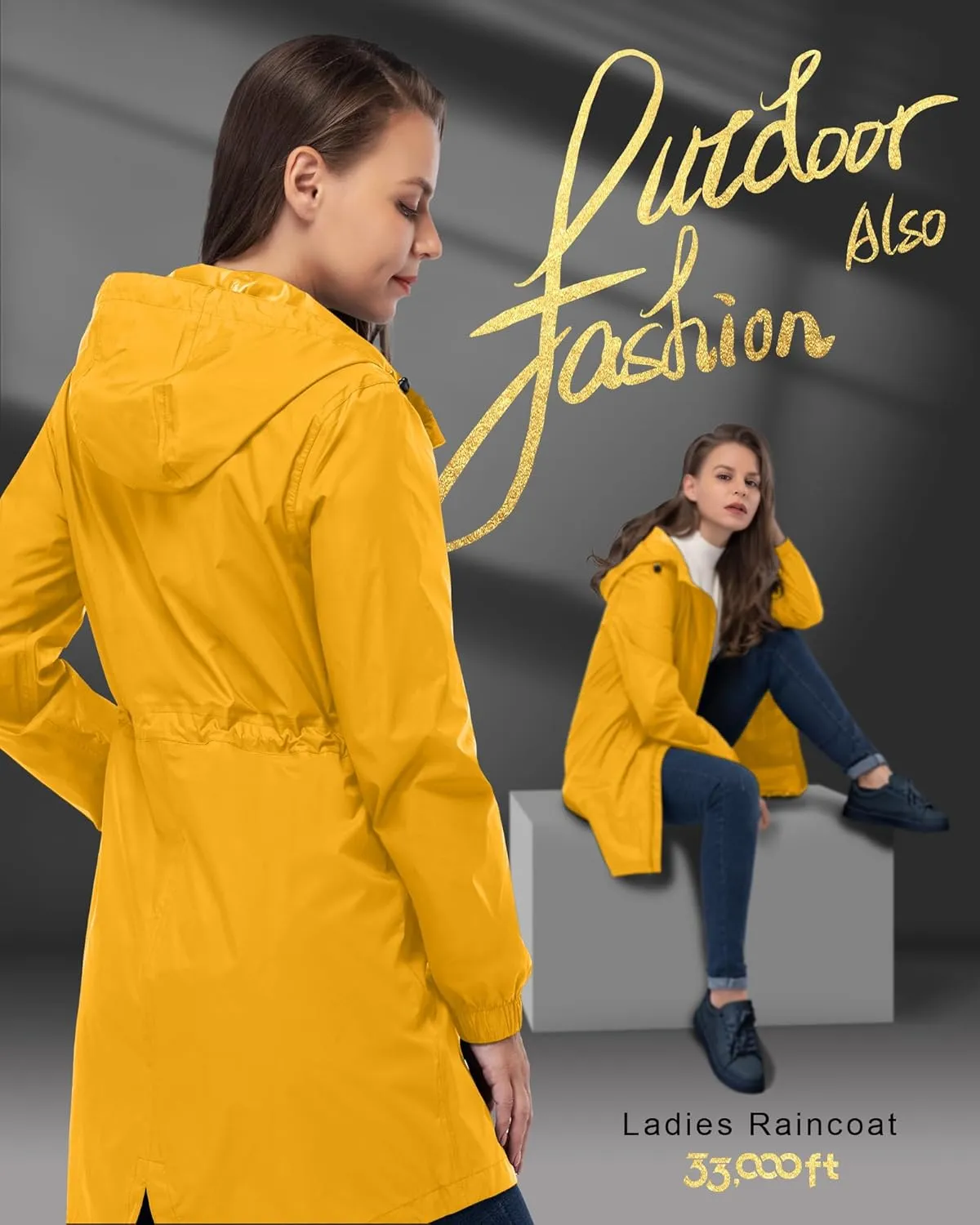 33,000ft Women's Waterproof Long Rain Coats Packable Rain Jacket with Hood Trench Coats Windbreaker