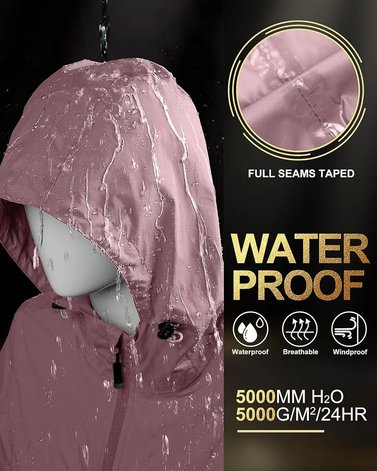 33,000ft Women's Waterproof Long Rain Coats Packable Rain Jacket with Hood Trench Coats Windbreaker