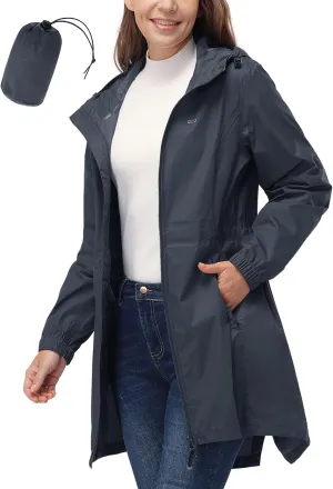 33,000ft Women's Waterproof Long Rain Coats Packable Rain Jacket with Hood Trench Coats Windbreaker