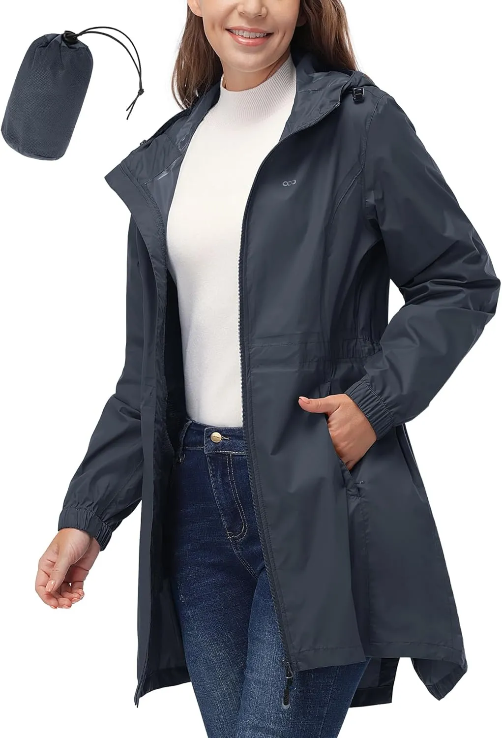 33,000ft Women's Waterproof Long Rain Coats Packable Rain Jacket with Hood Trench Coats Windbreaker