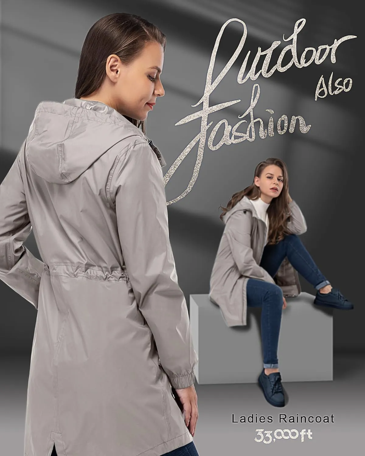 33,000ft Women's Waterproof Long Rain Coats Packable Rain Jacket with Hood Trench Coats Windbreaker