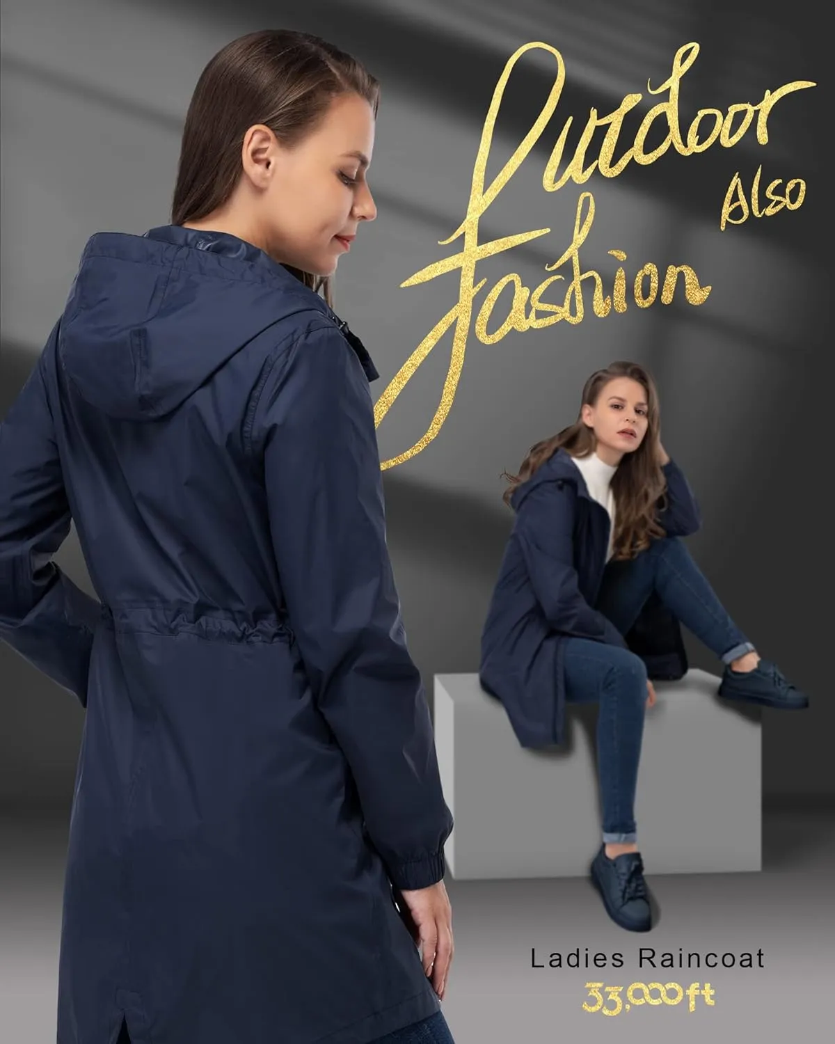 33,000ft Women's Waterproof Long Rain Coats Packable Rain Jacket with Hood Trench Coats Windbreaker