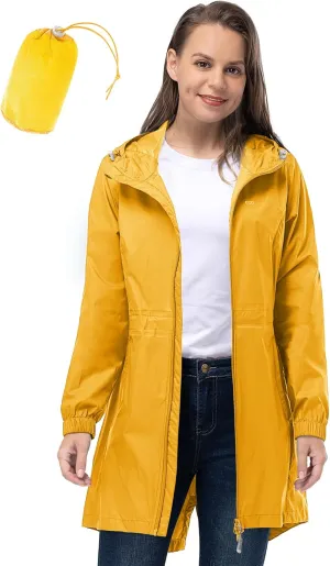 33,000ft Women's Waterproof Long Rain Coats Packable Rain Jacket with Hood Trench Coats Windbreaker