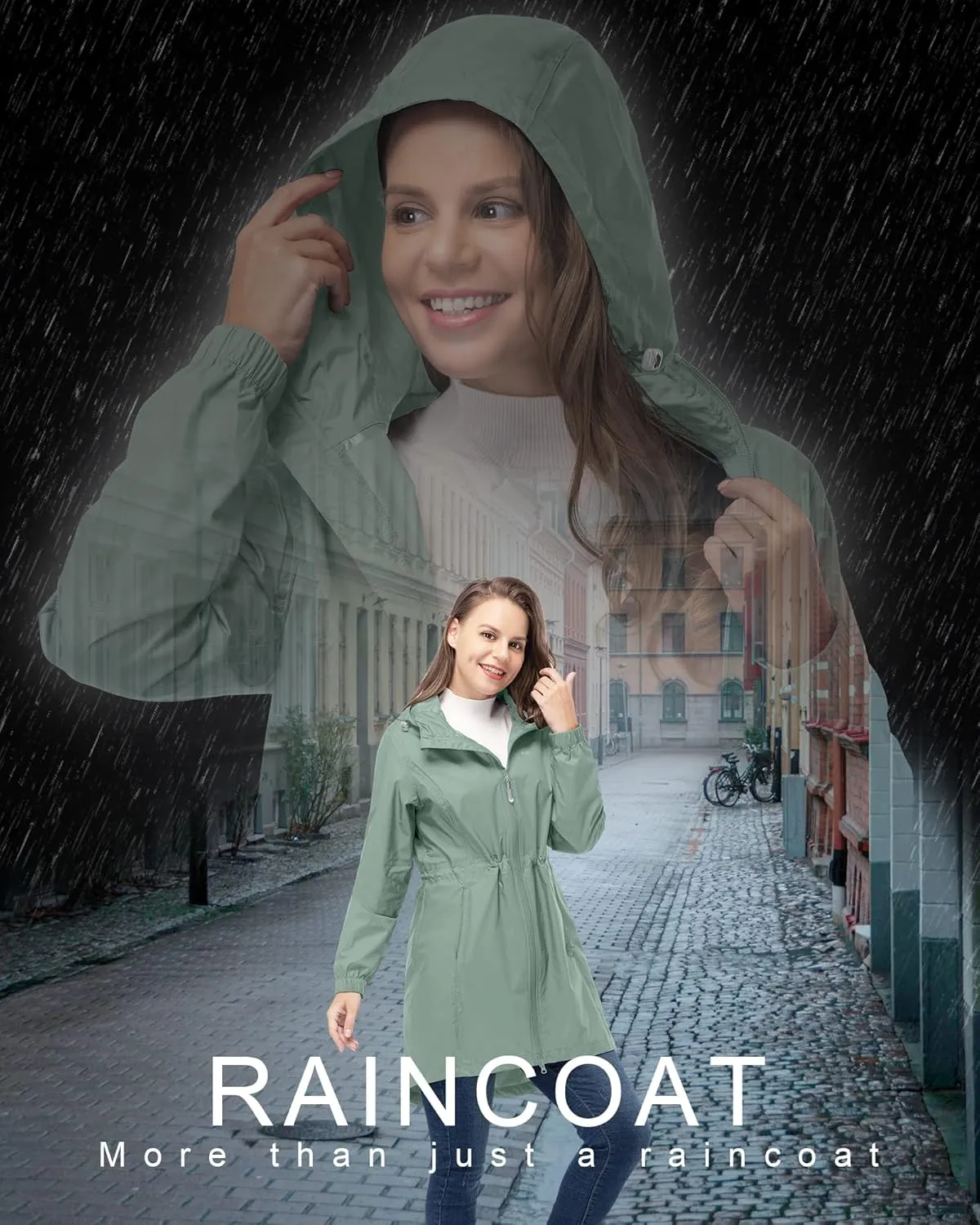 33,000ft Women's Waterproof Long Rain Coats Packable Rain Jacket with Hood Trench Coats Windbreaker