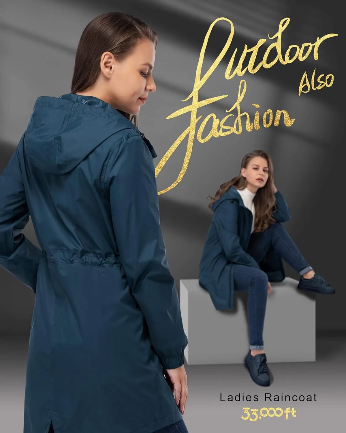 33,000ft Women's Waterproof Long Rain Coats Packable Rain Jacket with Hood Trench Coats Windbreaker