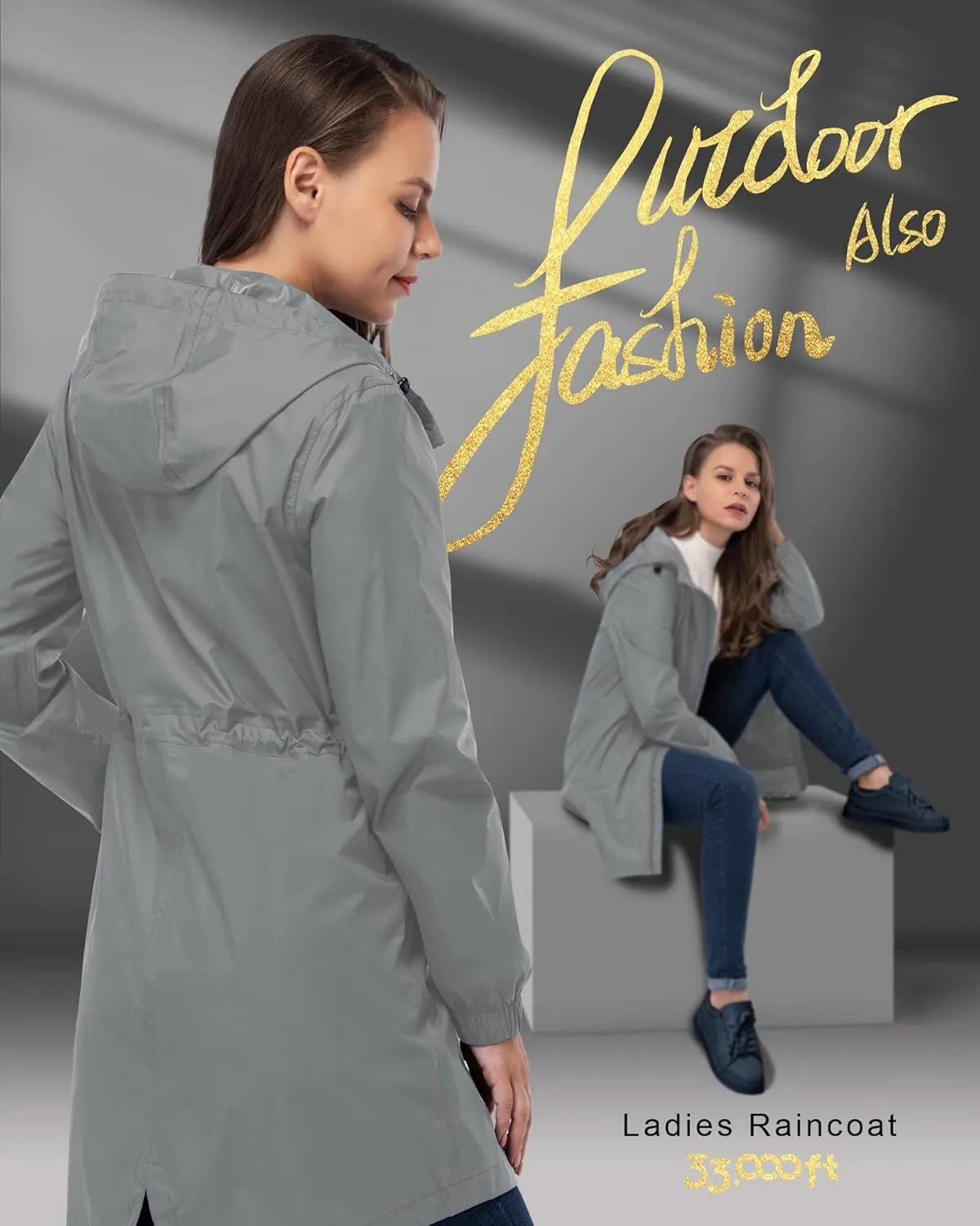 33,000ft Women's Waterproof Long Rain Coats Packable Rain Jacket with Hood Trench Coats Windbreaker