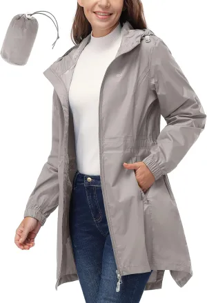 33,000ft Women's Waterproof Long Rain Coats Packable Rain Jacket with Hood Trench Coats Windbreaker