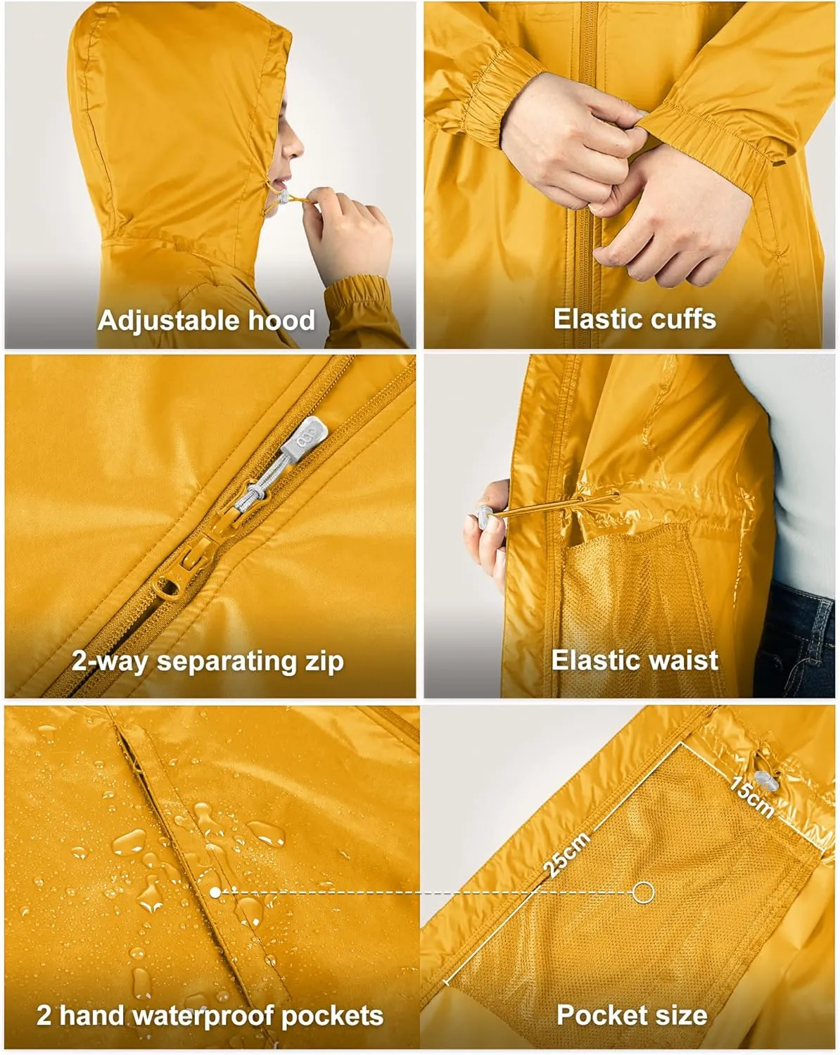 33,000ft Women's Waterproof Long Rain Coats Packable Rain Jacket with Hood Trench Coats Windbreaker