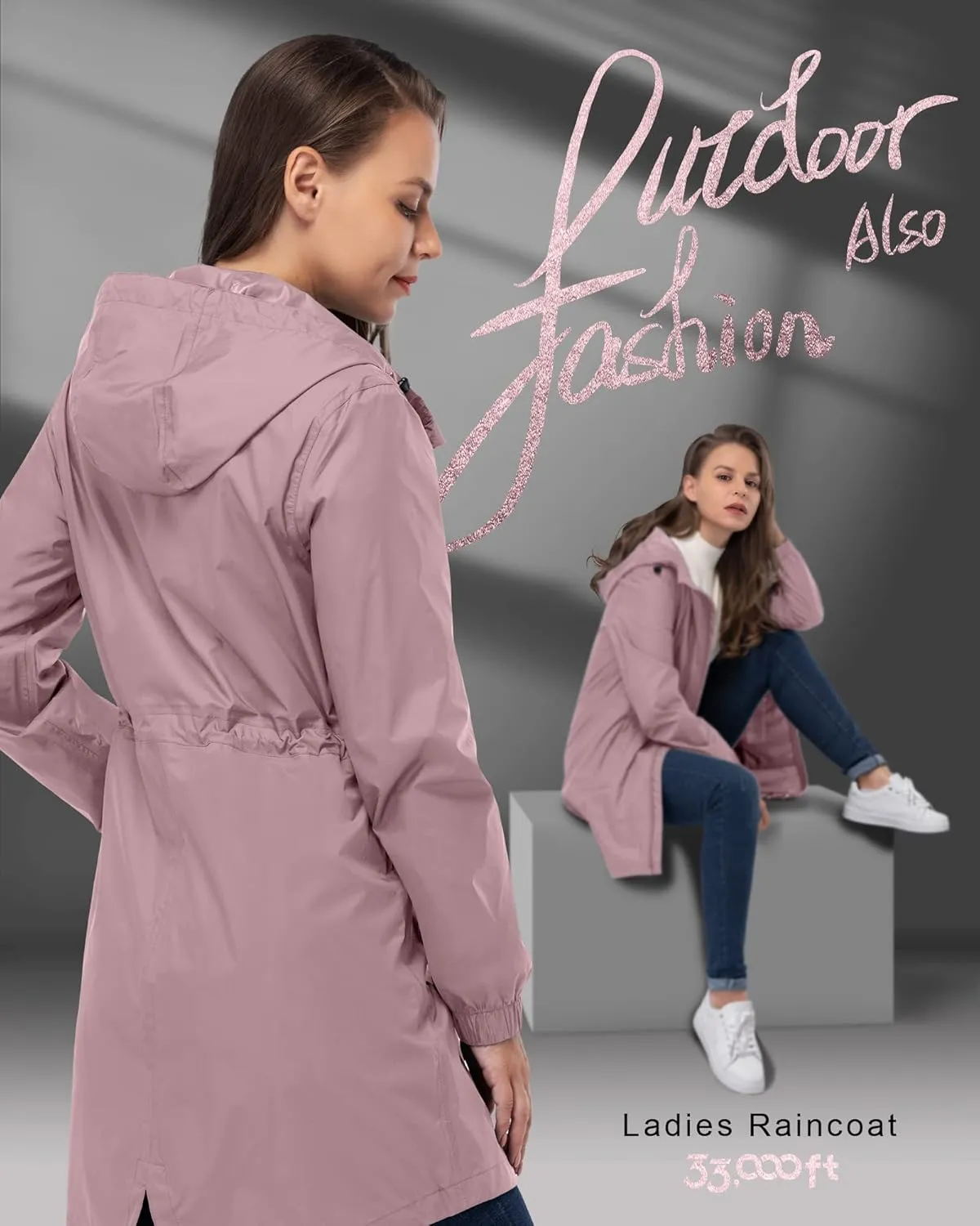33,000ft Women's Waterproof Long Rain Coats Packable Rain Jacket with Hood Trench Coats Windbreaker
