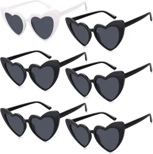 6 Pack Heart Shaped Sunglasses, Retro Cat Goggles, Vintage Bulk Cute Shade for Women, Bachelorette Party Favors