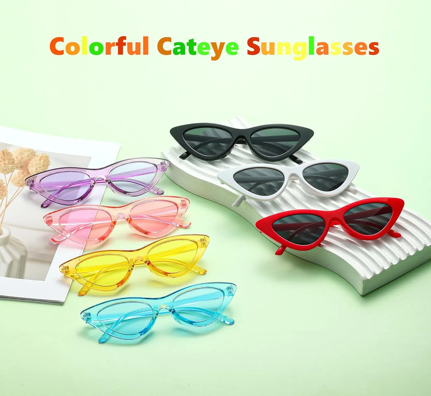 8 Pack Retro Cat Eye Sunglasses Vintage Narrow Cateye Neon Party Glasses Bulk for Women