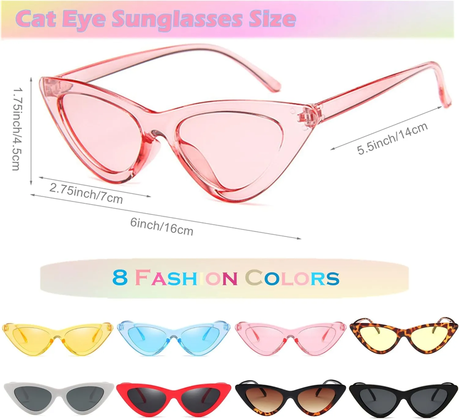 8 Pack Retro Cat Eye Sunglasses Vintage Narrow Cateye Neon Party Glasses Bulk for Women