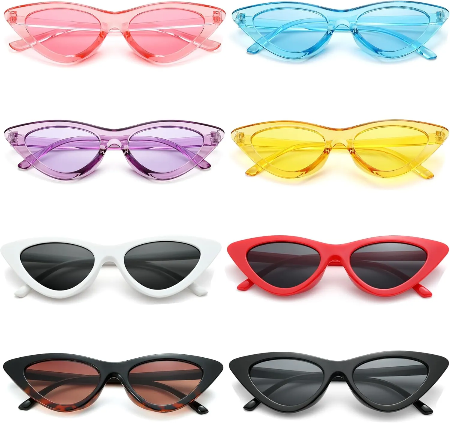 8 Pack Retro Cat Eye Sunglasses Vintage Narrow Cateye Neon Party Glasses Bulk for Women