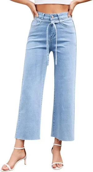 Allimy Womens Jeans High Rise Belted Wide Straight Leg Frayed Hem Jeans for Women Trendy 2025 Denim Pants