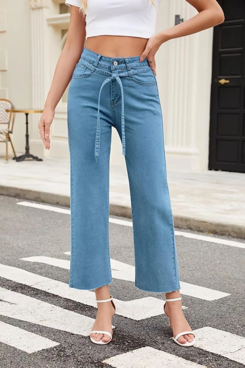 Allimy Womens Jeans High Rise Belted Wide Straight Leg Frayed Hem Jeans for Women Trendy 2025 Denim Pants
