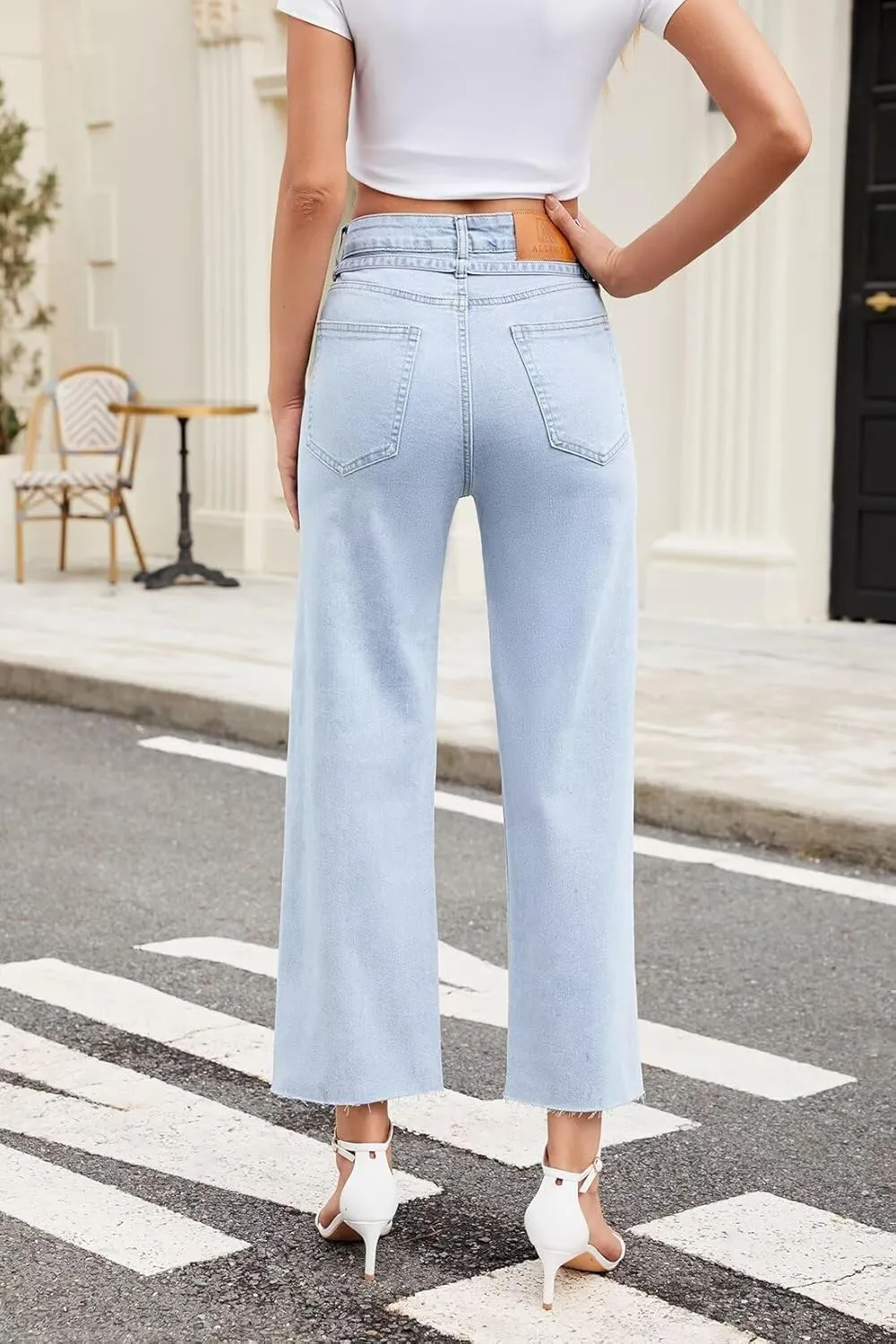 Allimy Womens Jeans High Rise Belted Wide Straight Leg Frayed Hem Jeans for Women Trendy 2025 Denim Pants