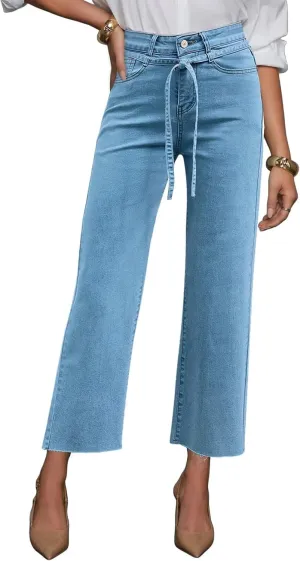 Allimy Womens Jeans High Rise Belted Wide Straight Leg Frayed Hem Jeans for Women Trendy 2025 Denim Pants