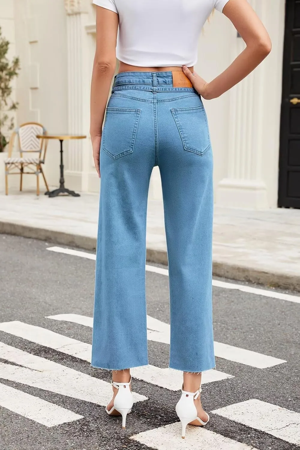 Allimy Womens Jeans High Rise Belted Wide Straight Leg Frayed Hem Jeans for Women Trendy 2025 Denim Pants