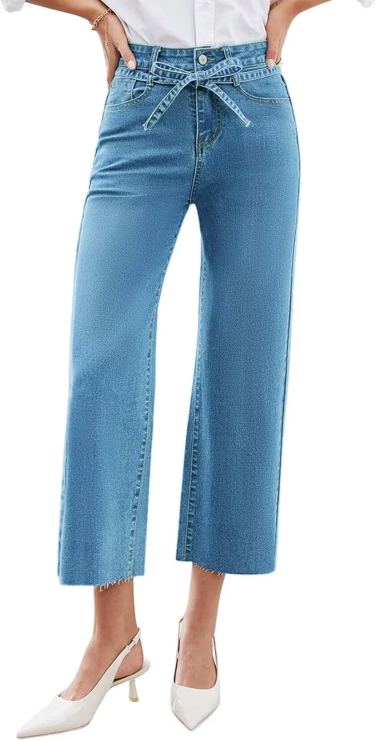 Allimy Womens Jeans High Rise Belted Wide Straight Leg Frayed Hem Jeans for Women Trendy 2025 Denim Pants