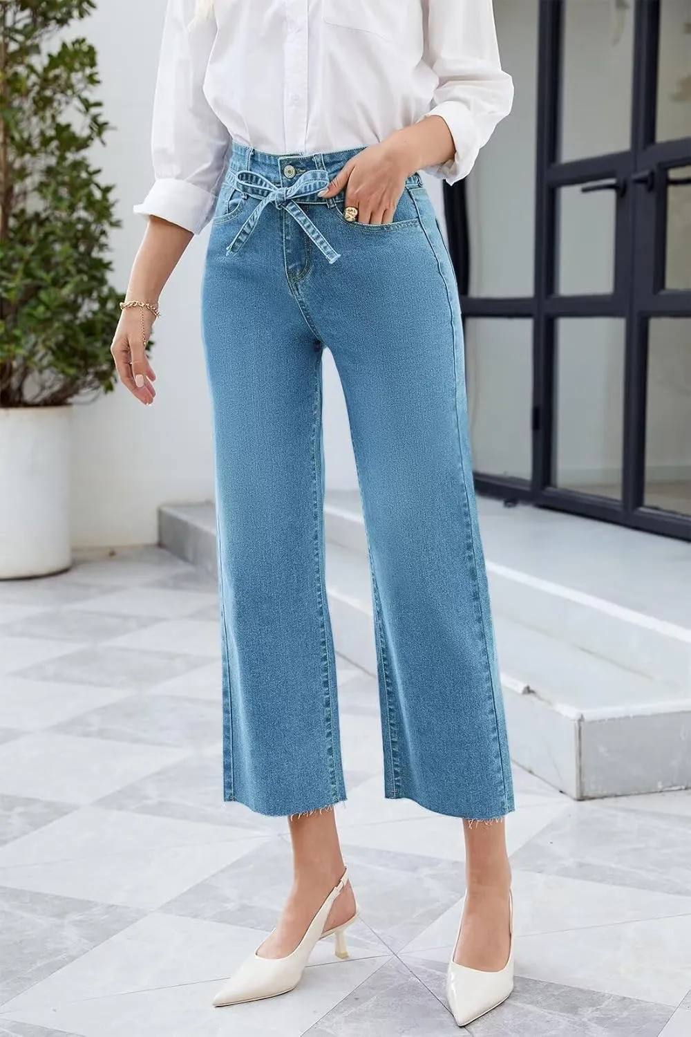Allimy Womens Jeans High Rise Belted Wide Straight Leg Frayed Hem Jeans for Women Trendy 2025 Denim Pants