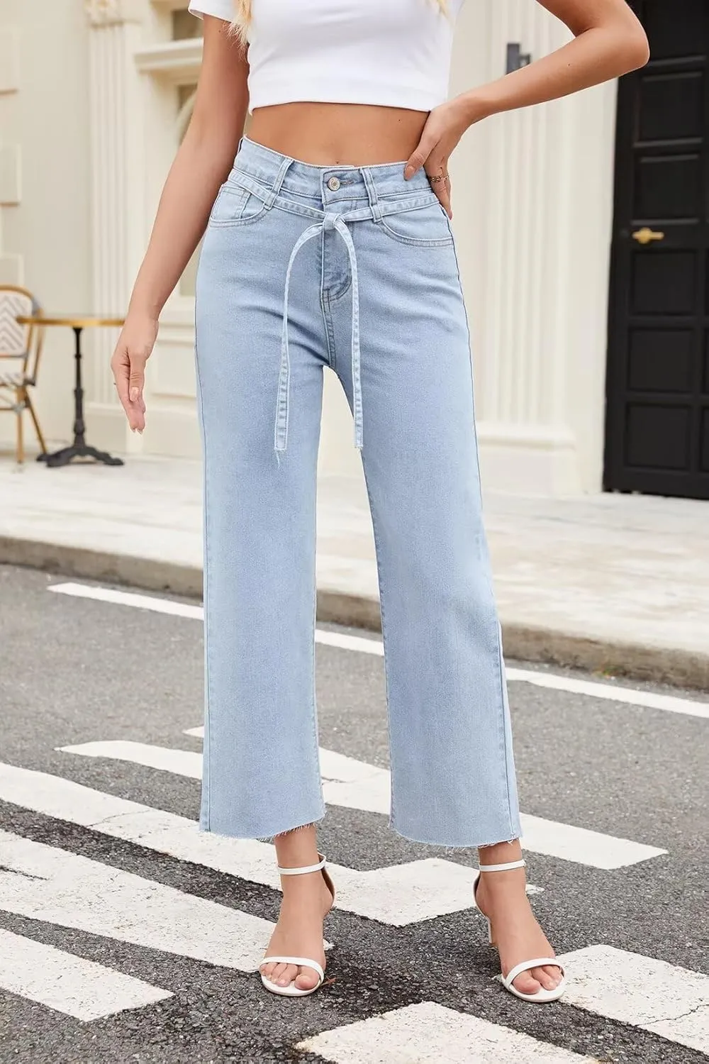 Allimy Womens Jeans High Rise Belted Wide Straight Leg Frayed Hem Jeans for Women Trendy 2025 Denim Pants