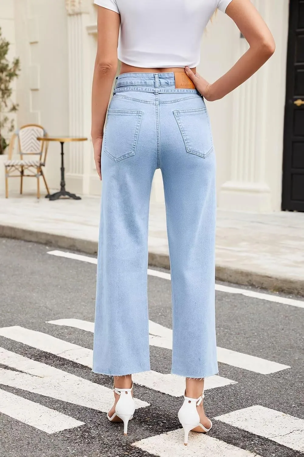 Allimy Womens Jeans High Rise Belted Wide Straight Leg Frayed Hem Jeans for Women Trendy 2025 Denim Pants