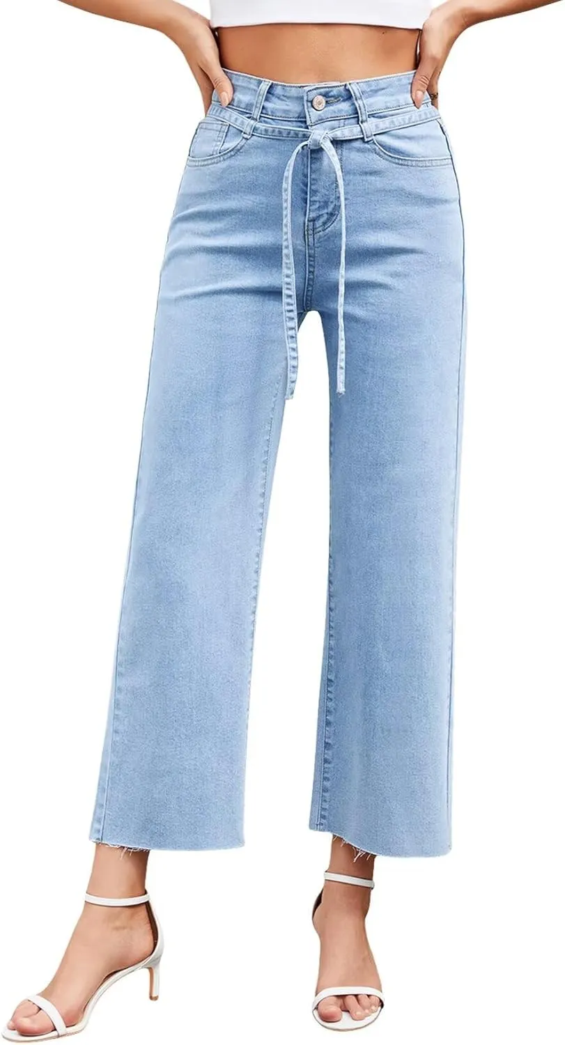 Allimy Womens Jeans High Rise Belted Wide Straight Leg Frayed Hem Jeans for Women Trendy 2025 Denim Pants