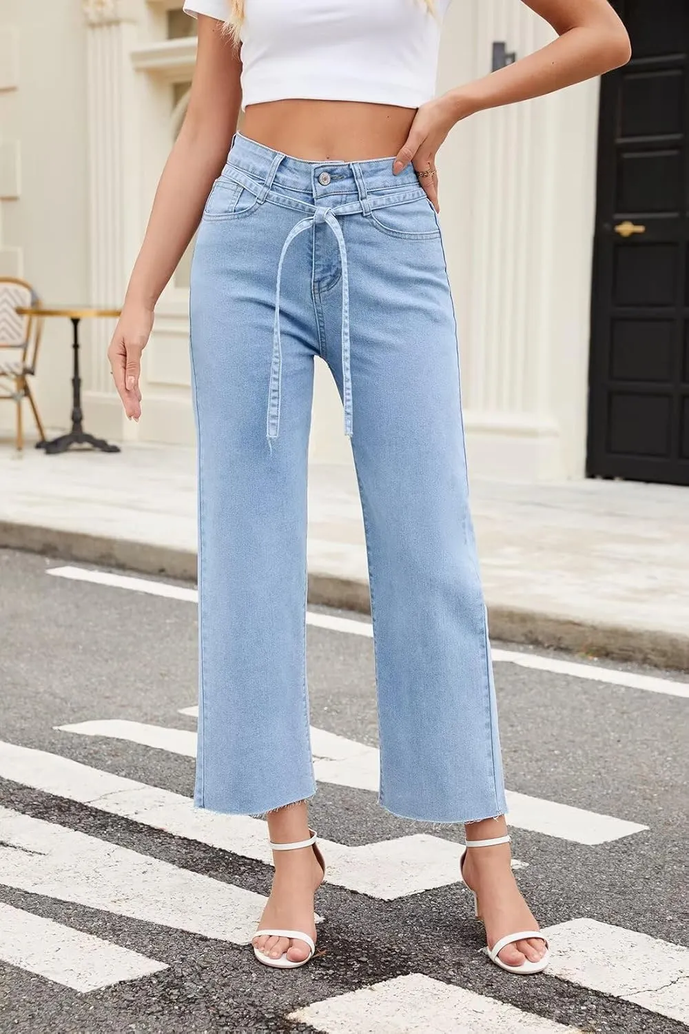 Allimy Womens Jeans High Rise Belted Wide Straight Leg Frayed Hem Jeans for Women Trendy 2025 Denim Pants
