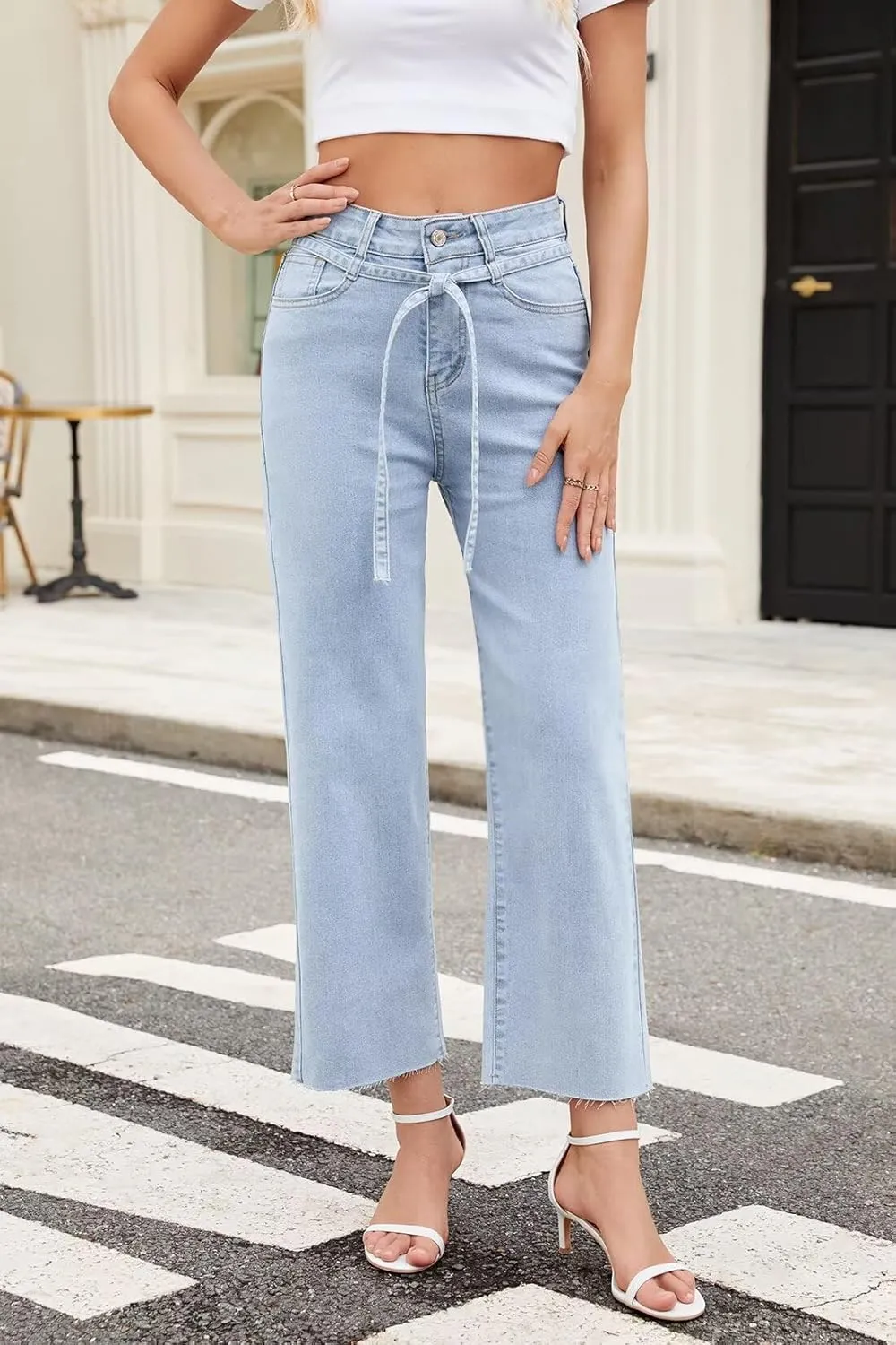 Allimy Womens Jeans High Rise Belted Wide Straight Leg Frayed Hem Jeans for Women Trendy 2025 Denim Pants