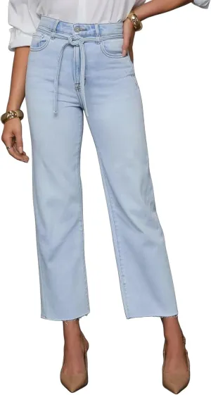 Allimy Womens Jeans High Rise Belted Wide Straight Leg Frayed Hem Jeans for Women Trendy 2025 Denim Pants
