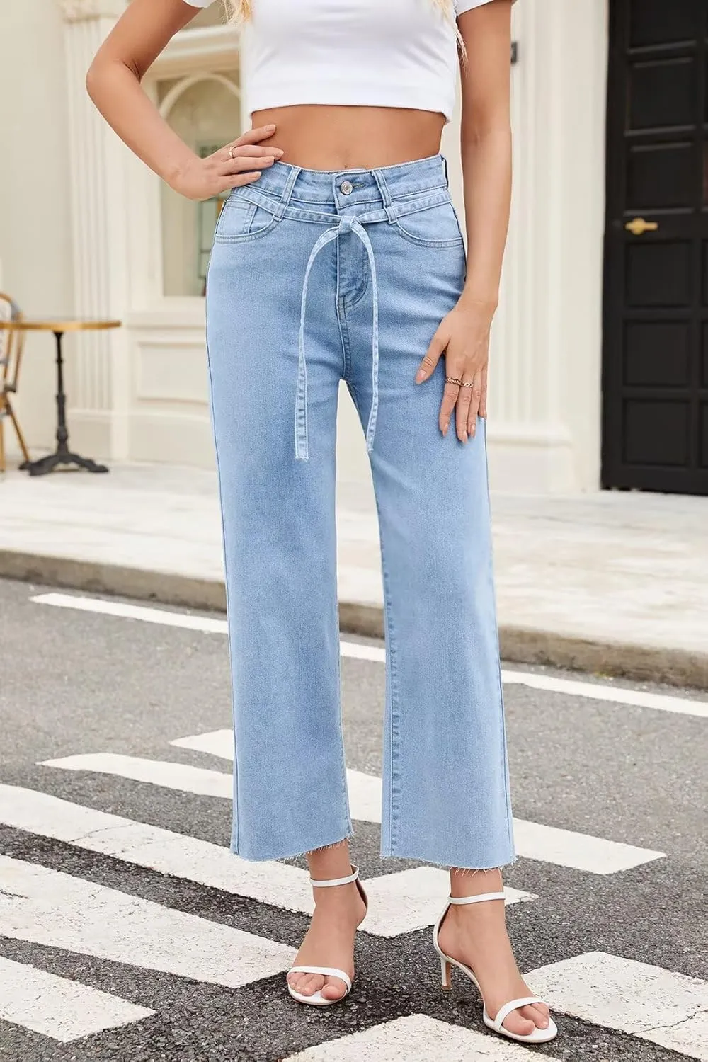 Allimy Womens Jeans High Rise Belted Wide Straight Leg Frayed Hem Jeans for Women Trendy 2025 Denim Pants