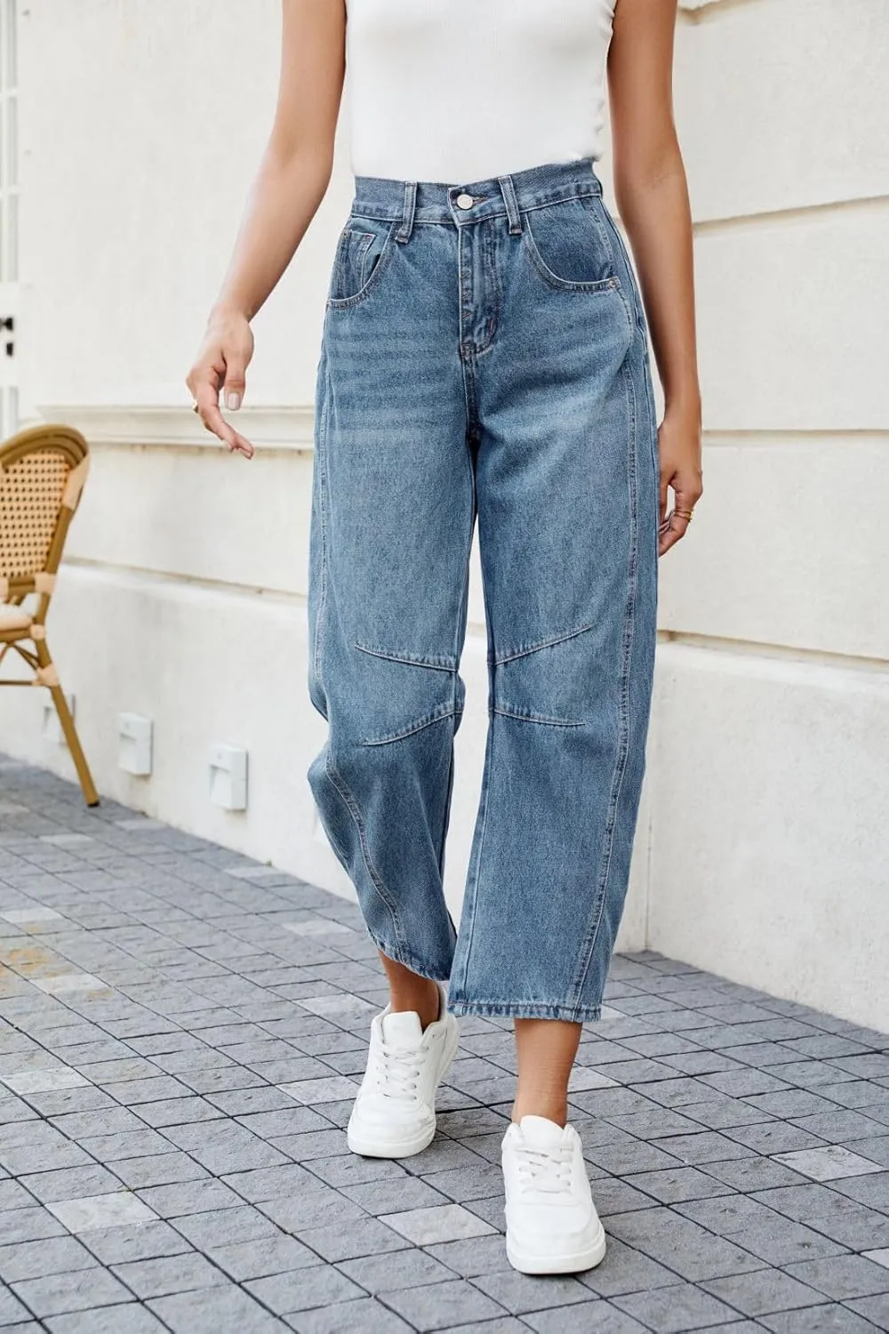 Allimy Womens Jeans Mid Rise Barrel Leg Vintage Jeans for Women Trendy 2025 Denim Pants Non Stretch