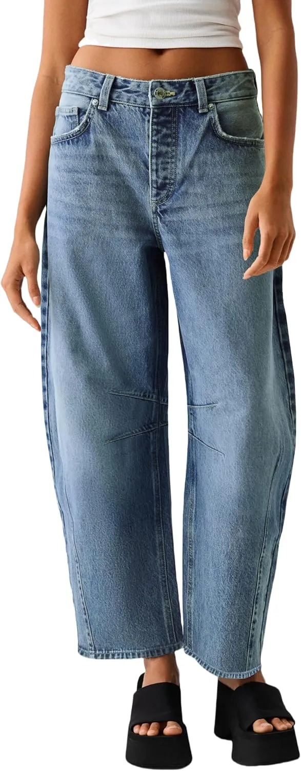 Allimy Womens Jeans Mid Rise Barrel Leg Vintage Jeans for Women Trendy 2025 Denim Pants Non Stretch