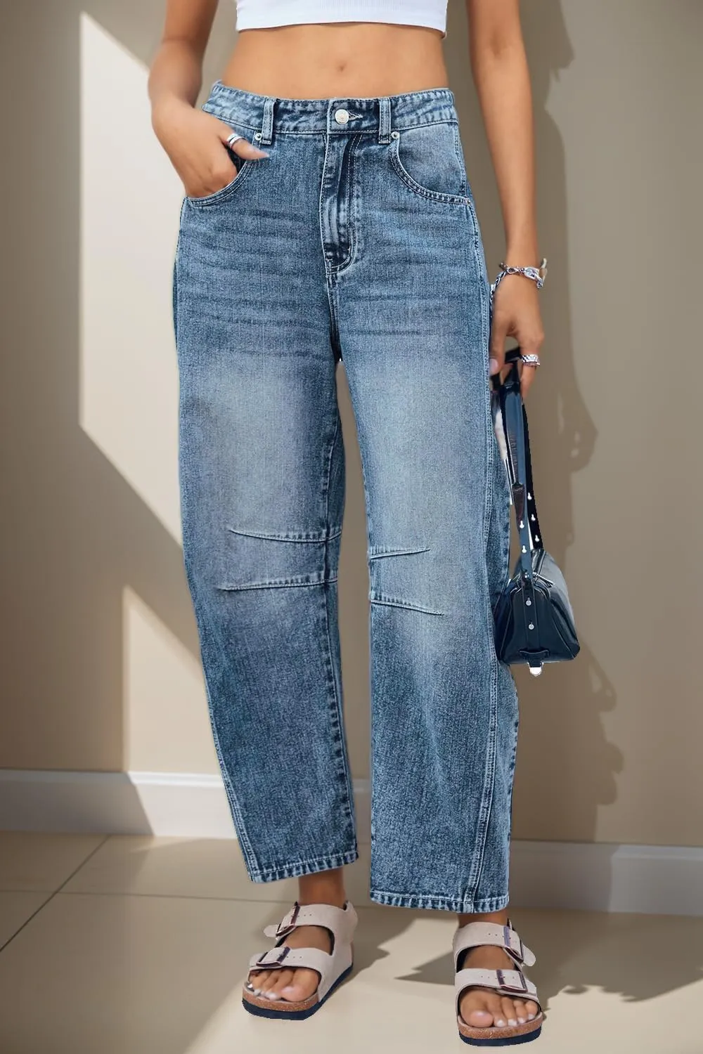 Allimy Womens Jeans Mid Rise Barrel Leg Vintage Jeans for Women Trendy 2025 Denim Pants Non Stretch