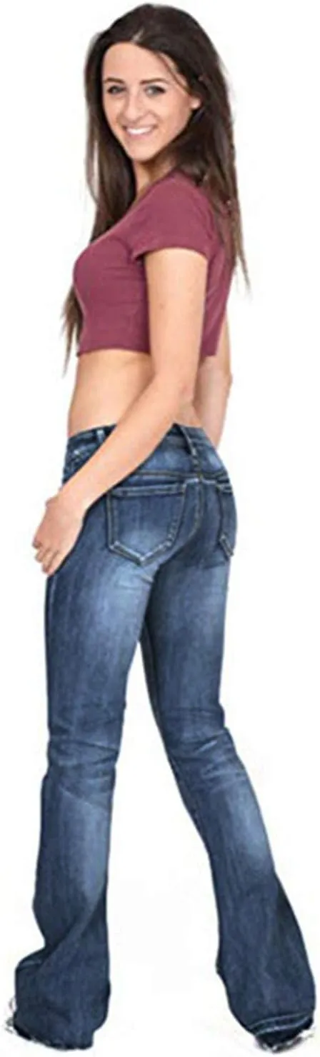 Andongnywell Women's Juniors High Bell Bottoms Jeans Flare Jeans Boho Solid Hippie Wide Leg Denim Flared Bell Bottom Pants