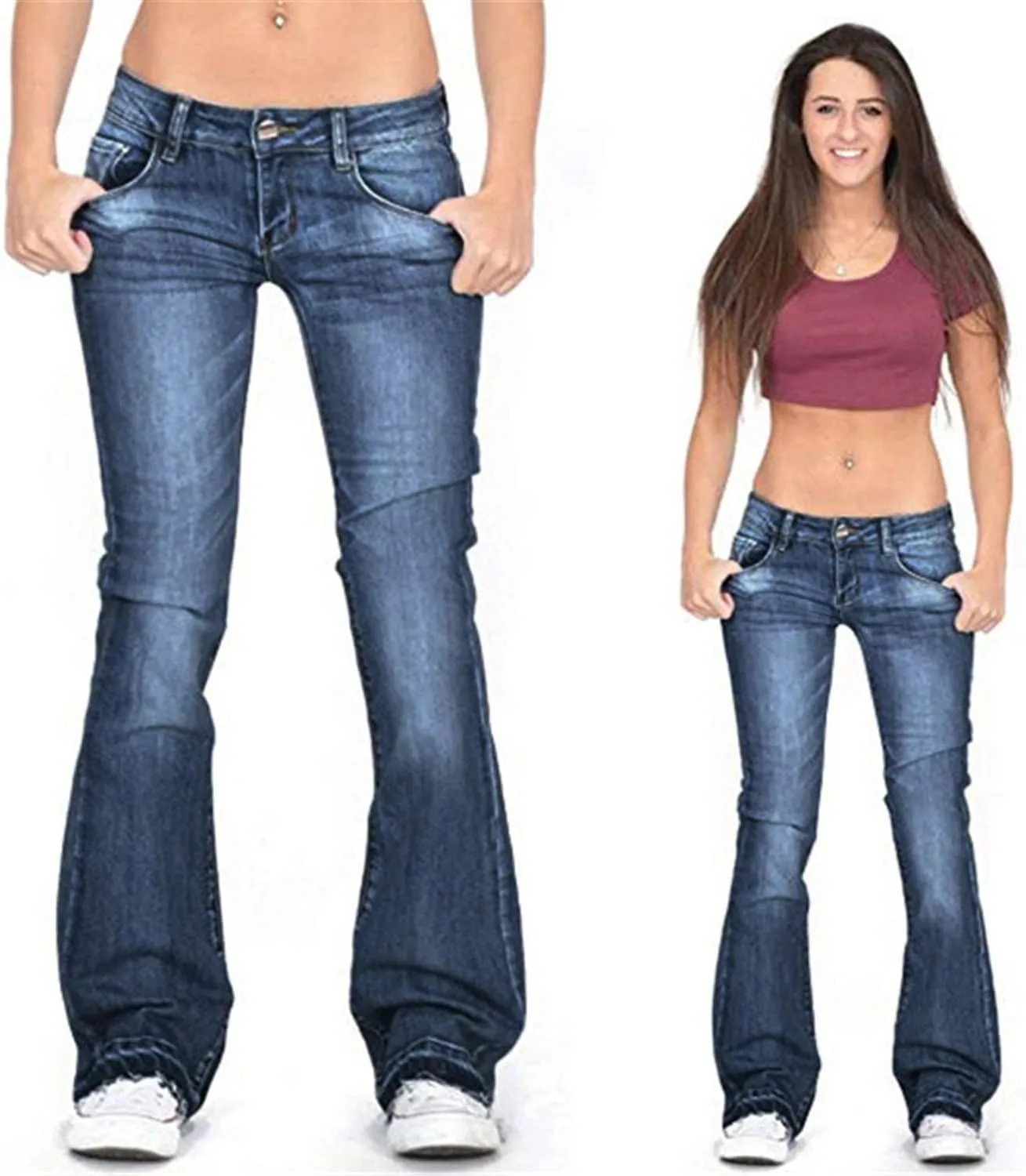 Andongnywell Women's Juniors High Bell Bottoms Jeans Flare Jeans Boho Solid Hippie Wide Leg Denim Flared Bell Bottom Pants