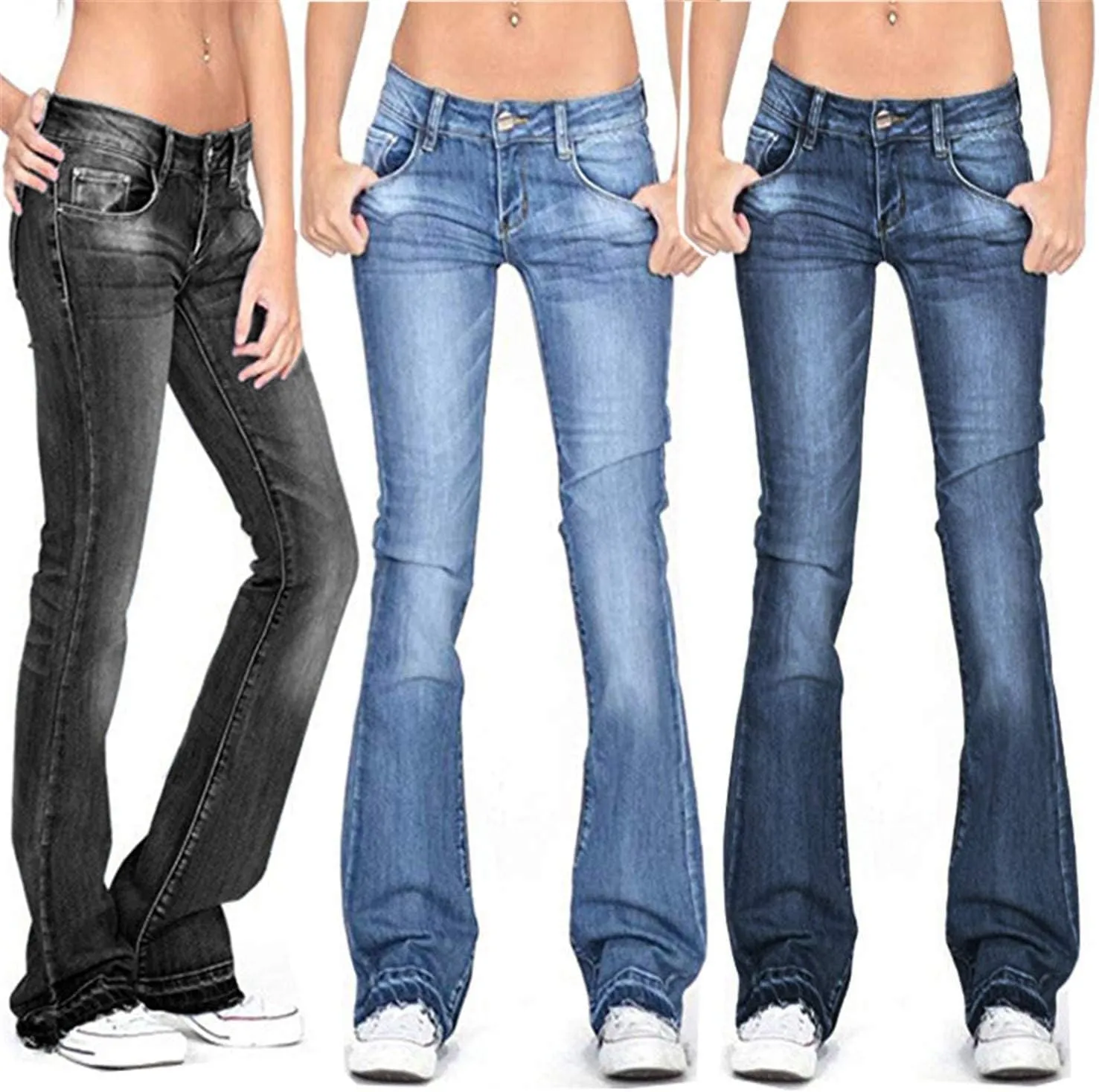 Andongnywell Women's Juniors High Bell Bottoms Jeans Flare Jeans Boho Solid Hippie Wide Leg Denim Flared Bell Bottom Pants