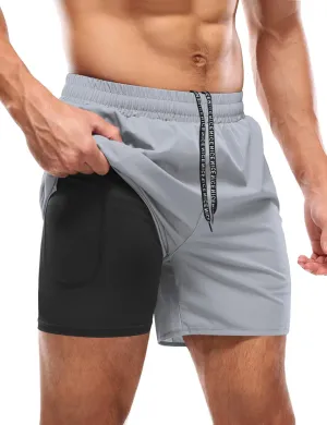 Aolesy Men’s 2 in 1 Running Shorts -5''/7'' Quick Dry Workout Gym Shorts with Pockets, Tennis Training Athletic Shorts